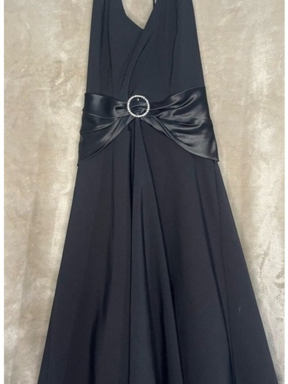 B. Darlin Black Halter Vintage Y2K Tie Back Satin Evening Dress Rhinestone Vneck - Picture 7 of 16